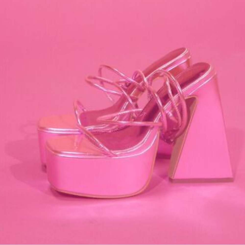 Pink Metallic Strappy Platform Heels - Picture 2 of 8